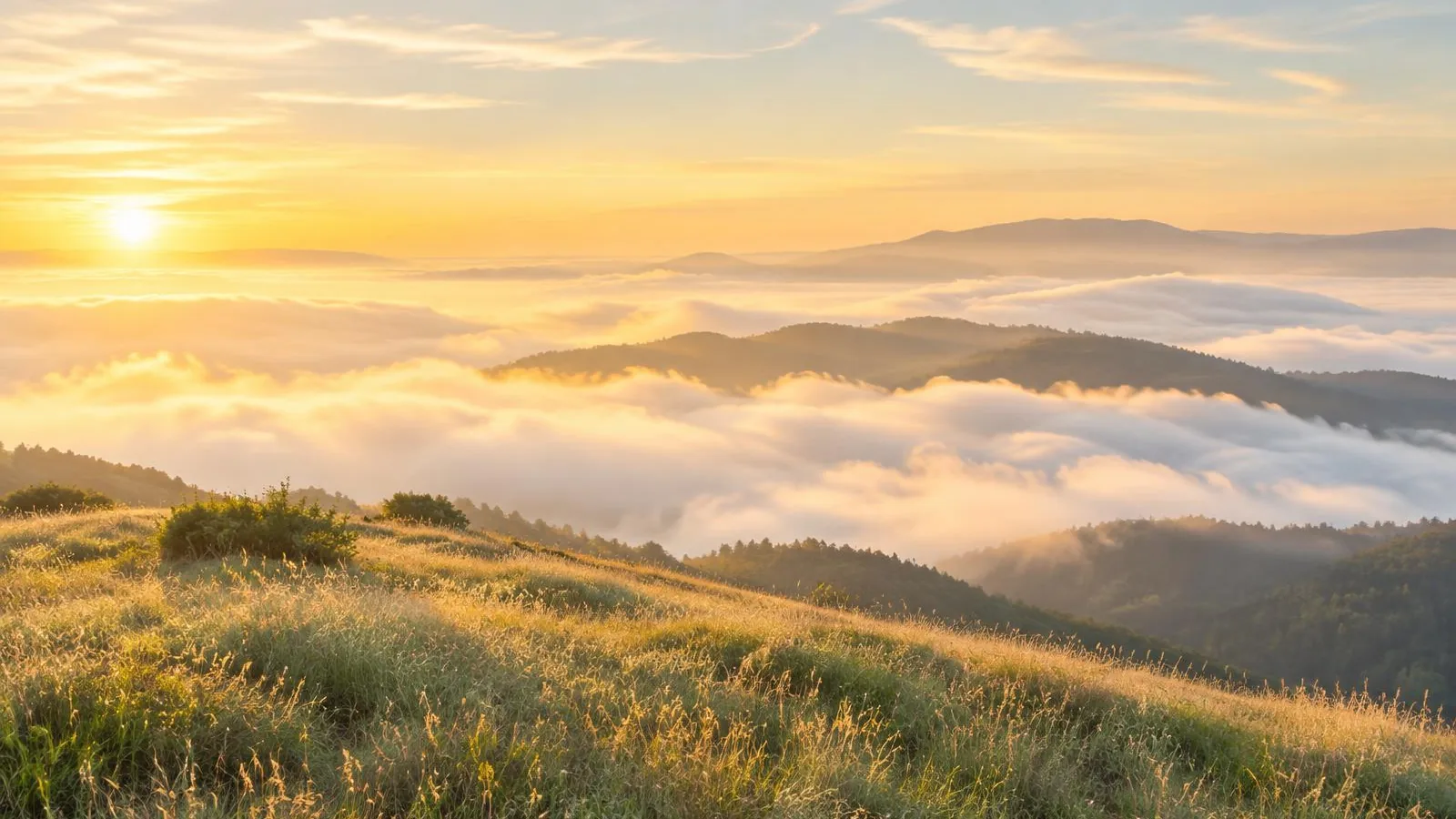 A ridgeline above a sea of low clouds in early morning light