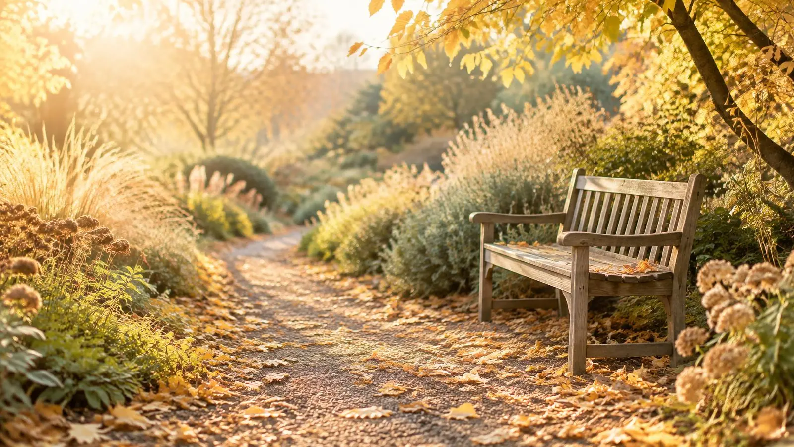 A garden path scattered with autumn leaves in warm low light, a wooden bench to one side