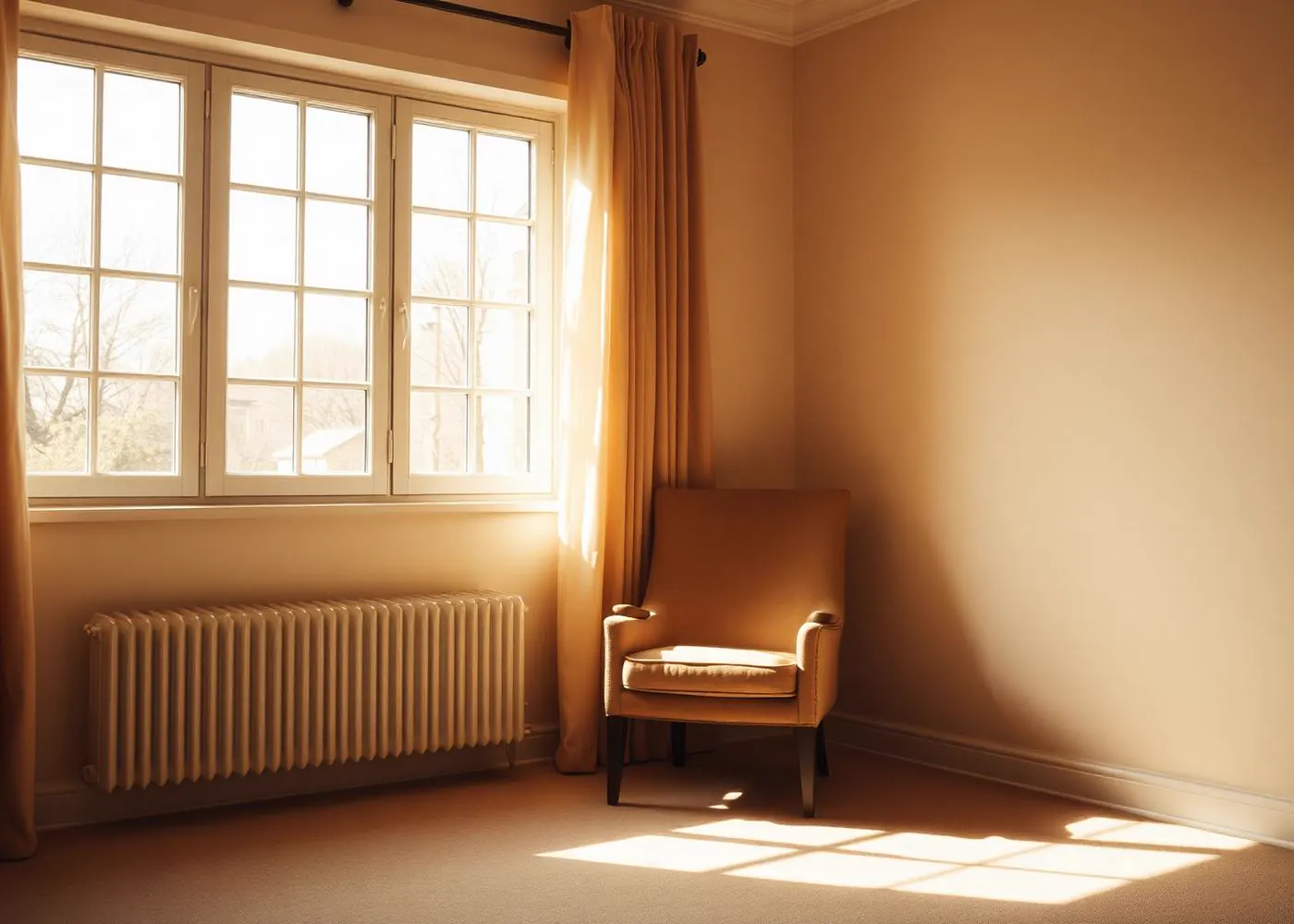 An empty armchair in soft window light in a warm, quiet room