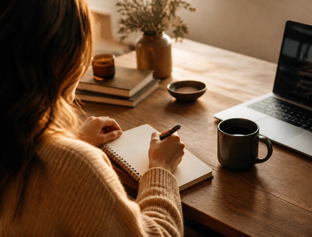 A woman at a wooden desk writing goals in a notebook beside a mug and laptop in morning light