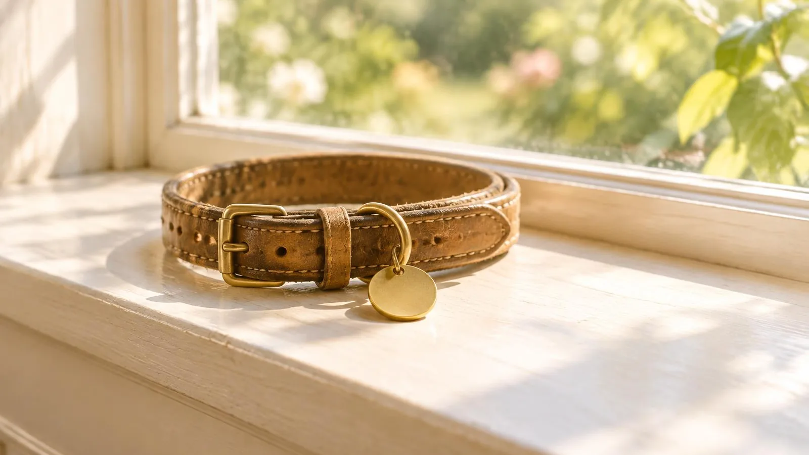 A worn leather collar resting on a sunlit wooden windowsill