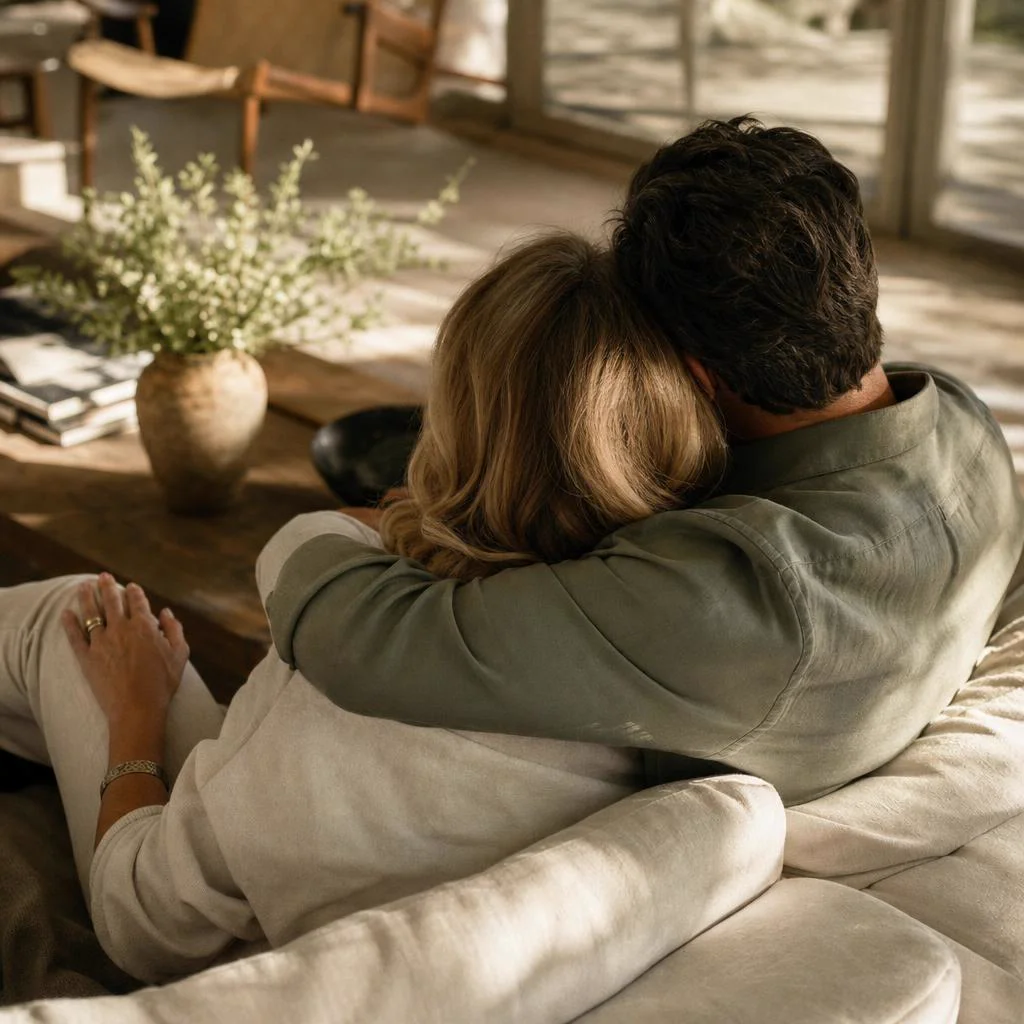 A couple sitting close together on a sofa in warm evening light, seen from behind, one hand resting on the other