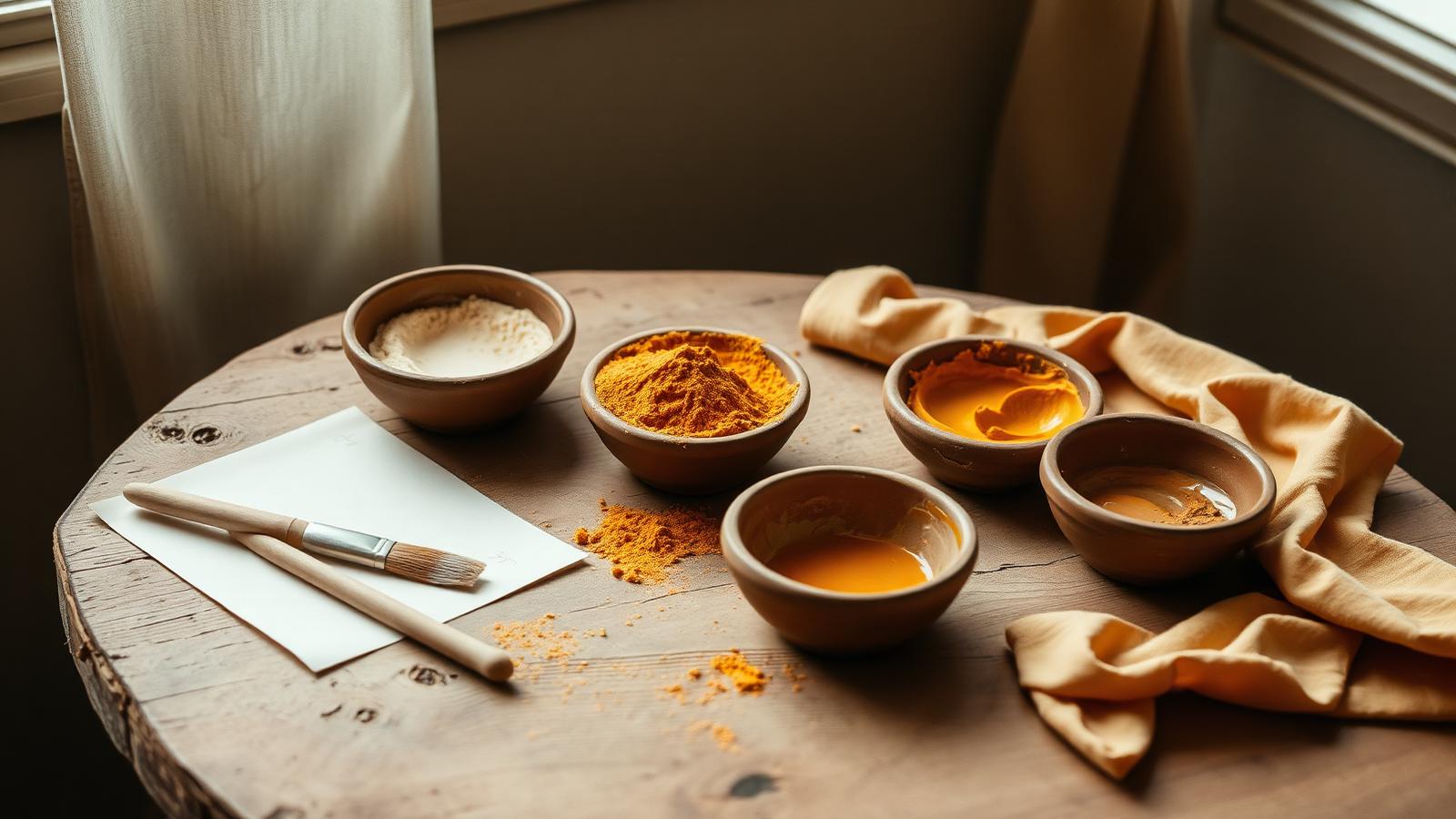 Clay bowls of natural pigment, a brush, loose paper and soft cloth on a worn wooden table in window light