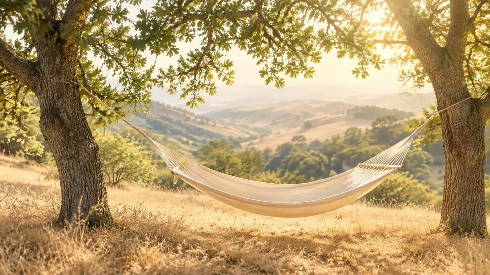 An empty hammock hanging between two oak trees in dappled afternoon light