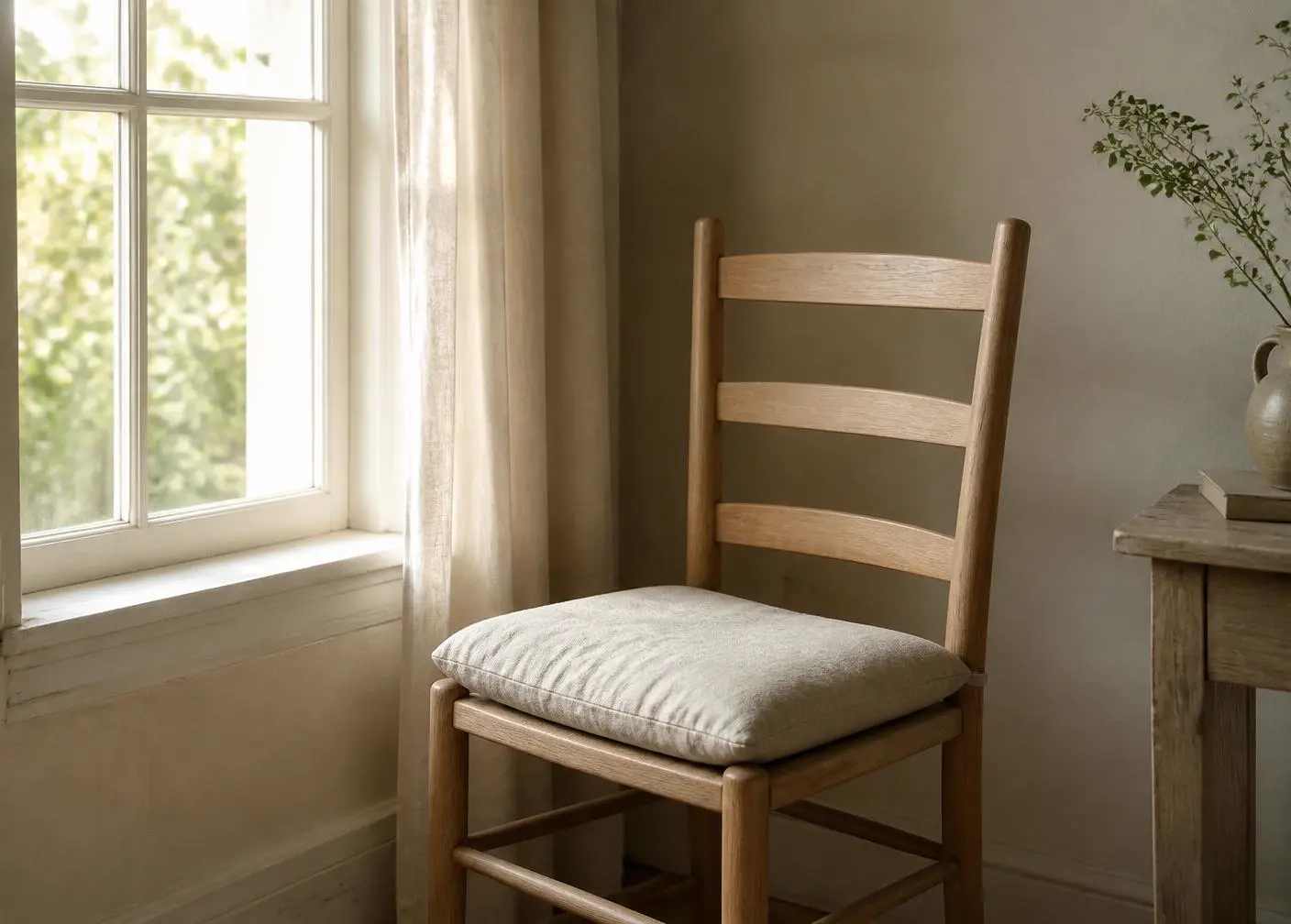 A simple wooden chair by a window in soft natural light