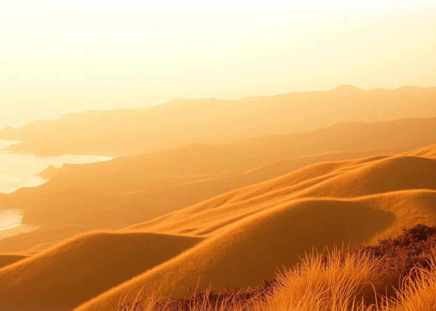 Rolling California hills in warm light, layered ridgelines fading into haze