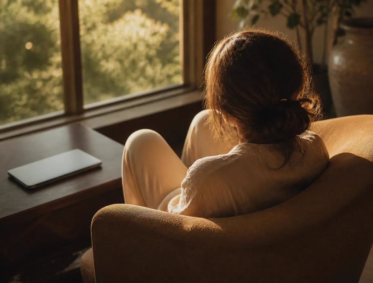A woman sitting alone in an armchair by a sunlit window, seen from behind