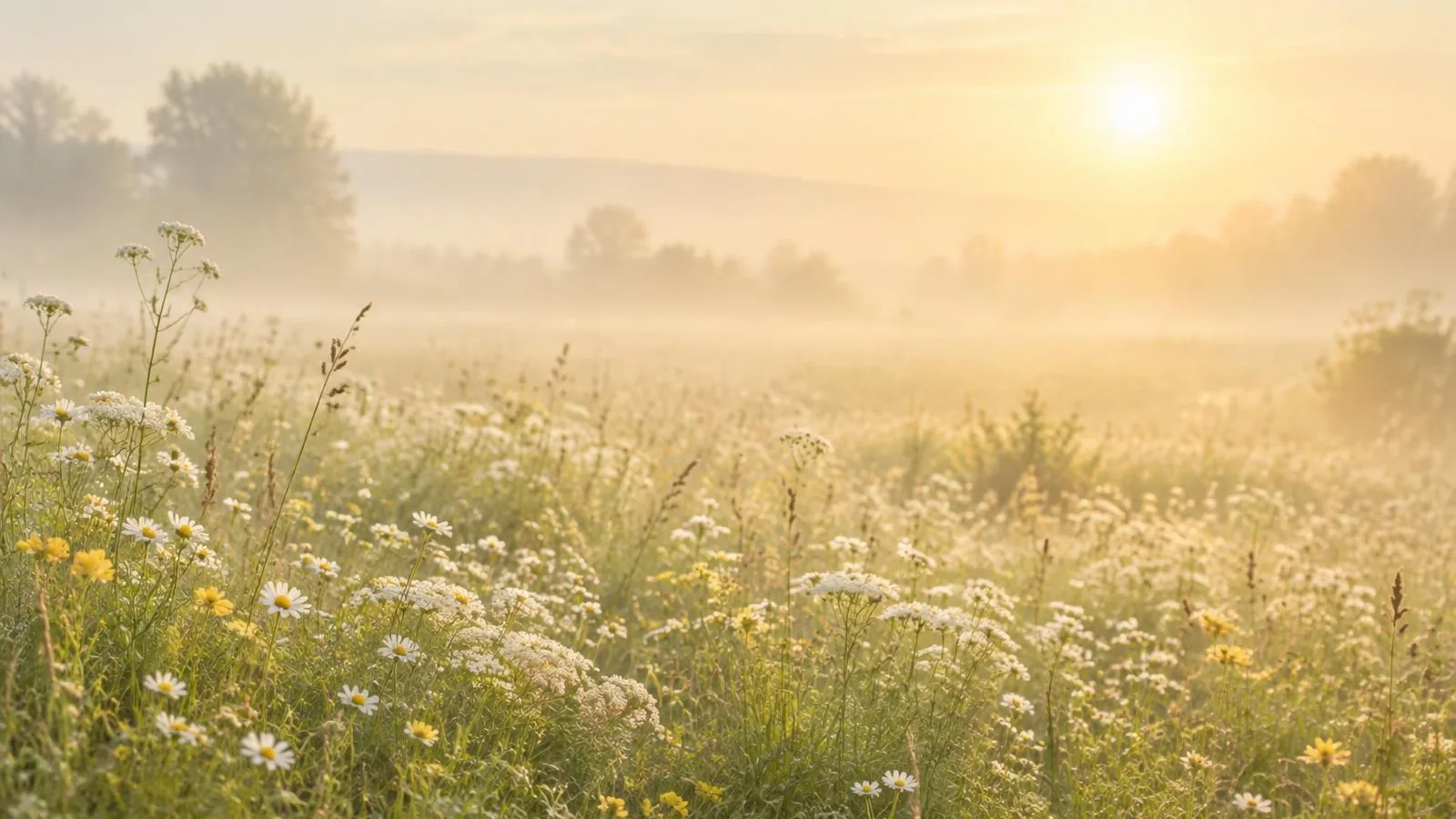A quiet meadow of small pale wildflowers in soft early-morning mist