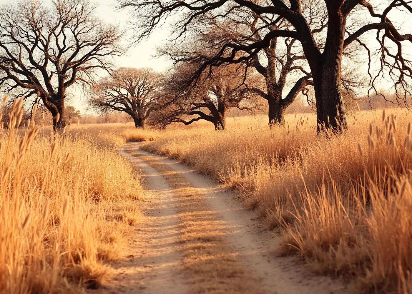 A dirt path winding through dry golden grasses