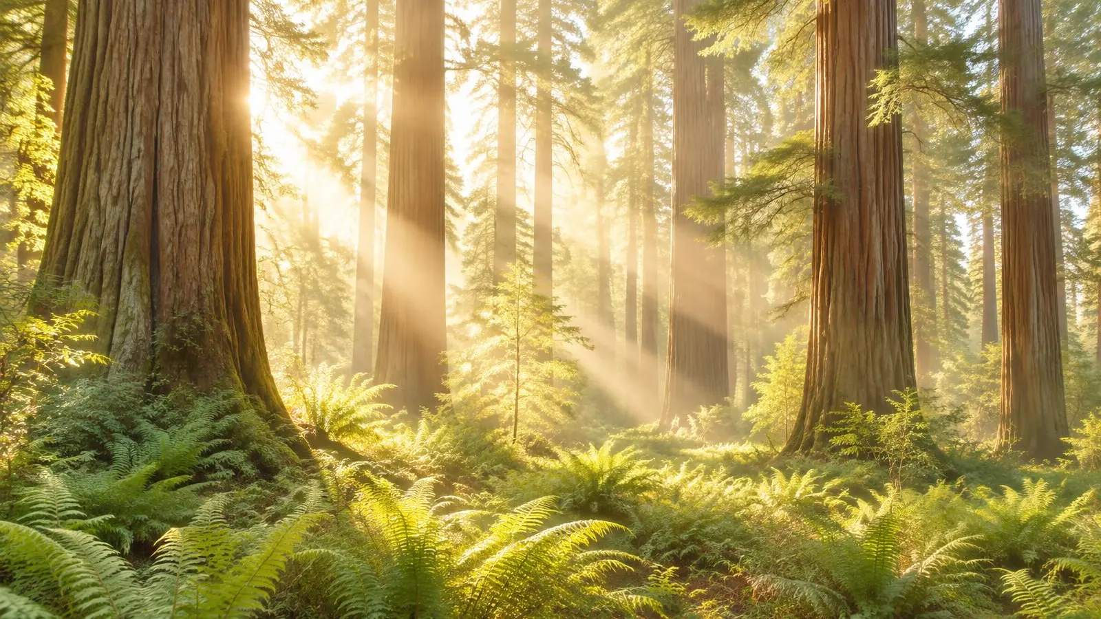 Soft rays of warm sunlight streaming through a quiet coast redwood grove