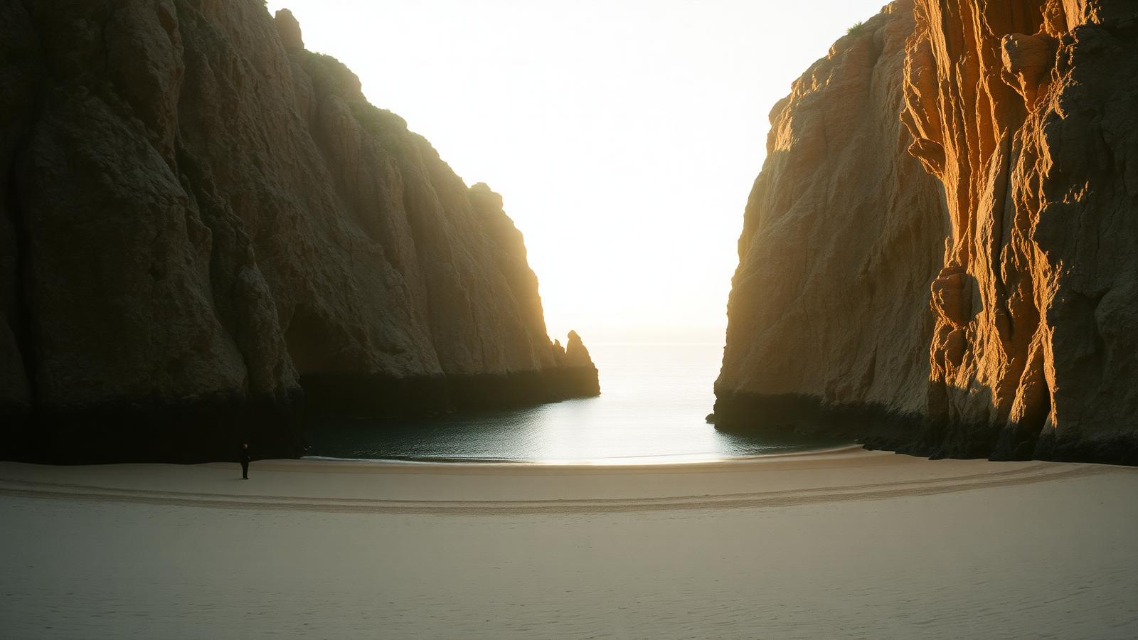 A sheltered California cove in still morning light, calm water inside the rocks