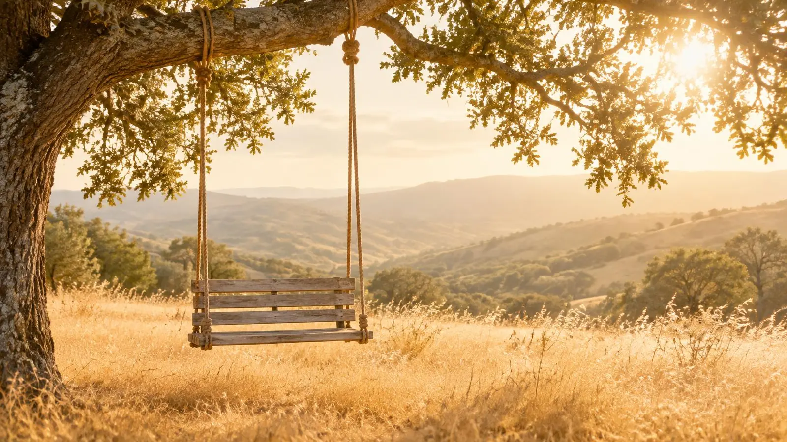 An old wooden swing hanging from a large oak branch in warm late-afternoon light
