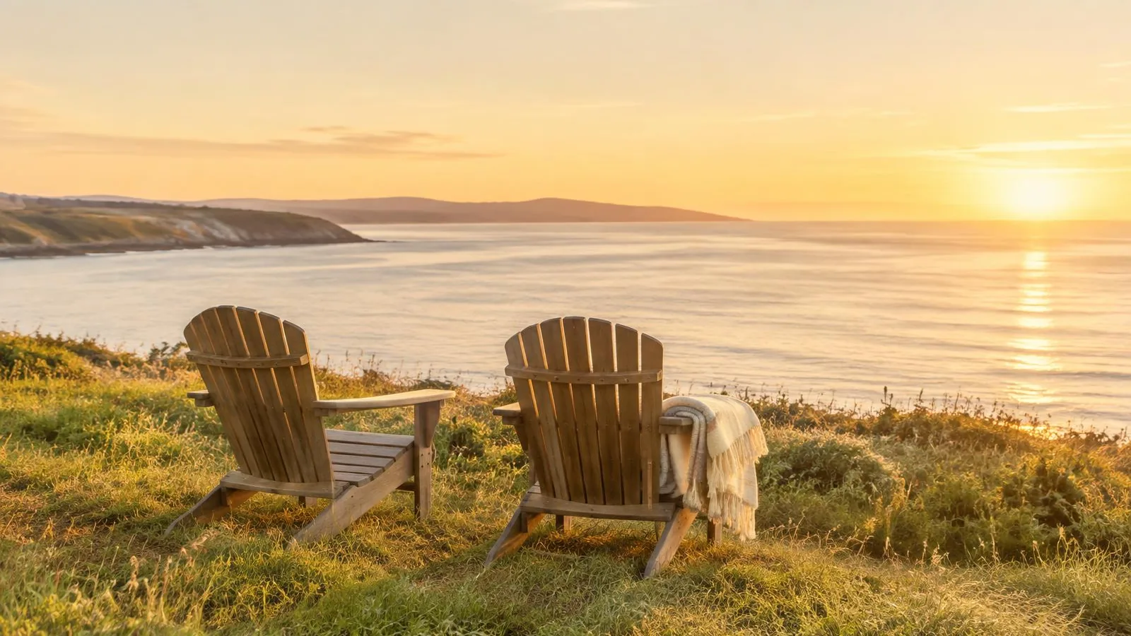 Two empty wooden chairs side by side on a grassy bluff above a calm bay at golden hour
