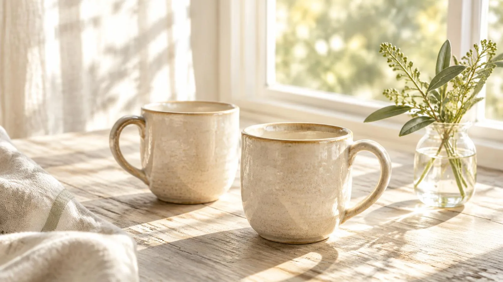 Two ceramic mugs on a weathered wooden table beside a sunlit window