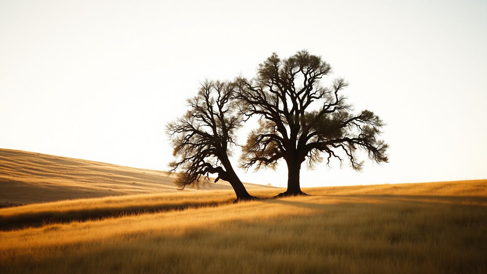 Two mature oaks standing close together on a golden California hillside in late afternoon light