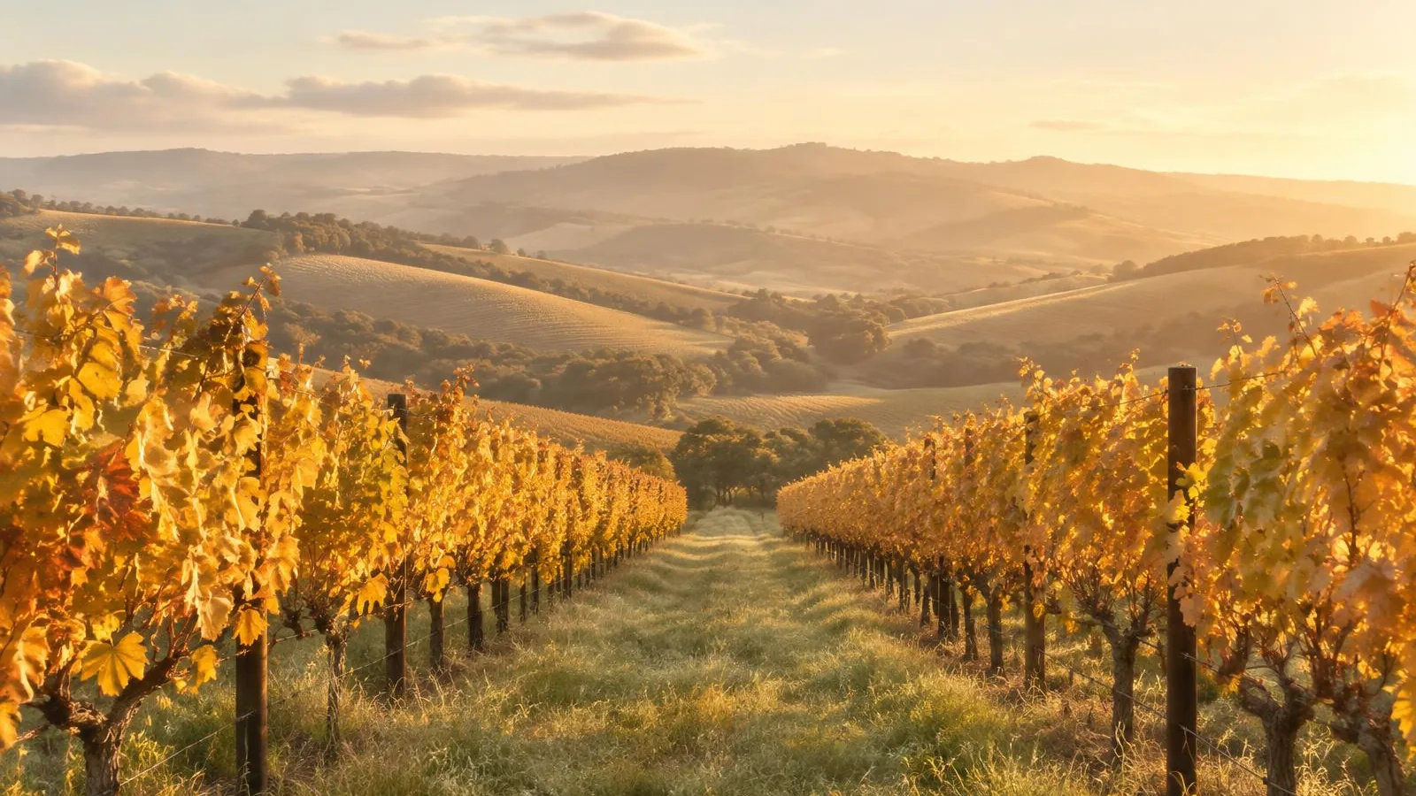A grassy path between vineyard rows in autumn light, with rolling hills beyond